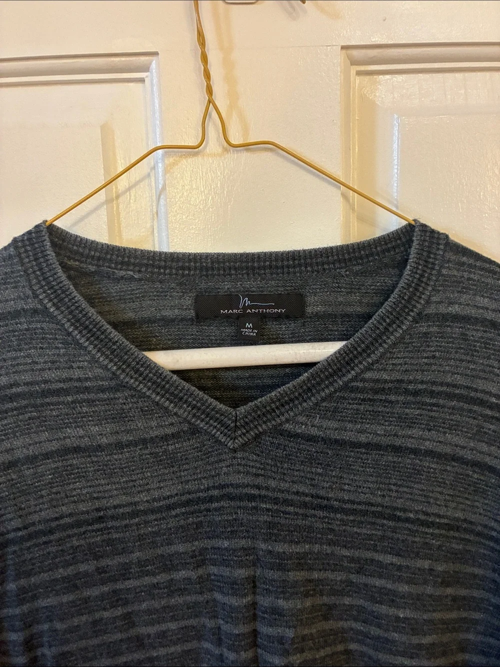 Marc Anthony Men's Gray Striped V-Neck Sweater